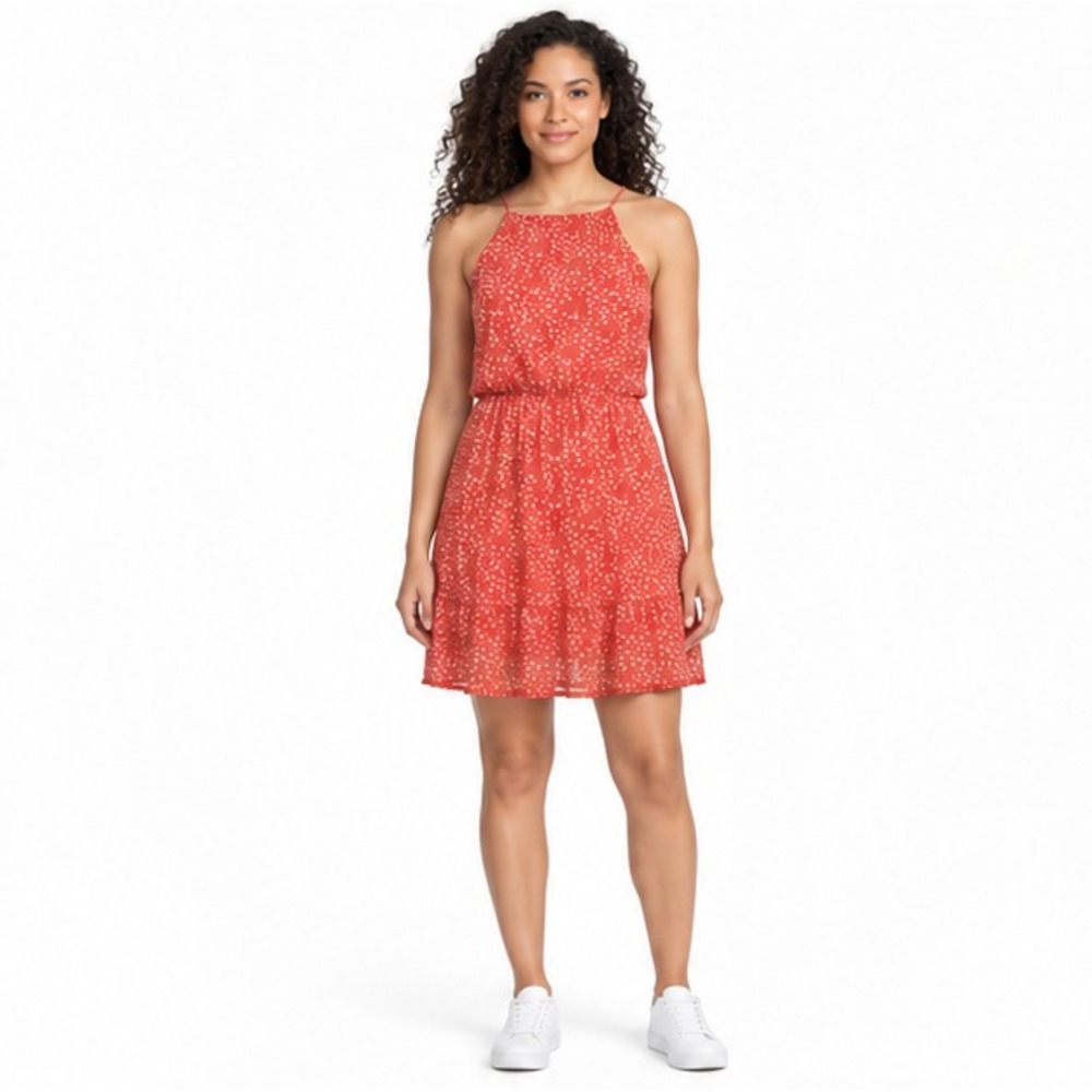 By & By Womens Juniors Chiffon Halter Dress Size M Orange Floral Mini Casual